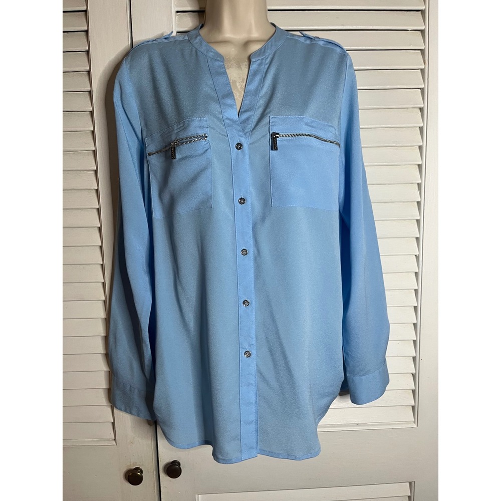 Calvin Klein Womens Light Blue Utility Blouse Roll Tab Sleeve M M7GFZ84U